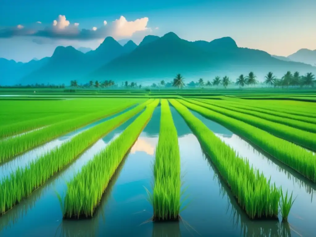 Un campo de arroz exuberante y vibrante se extiende hasta el horizonte, con hileras perfectamente alineadas de plántulas verdes brillando bajo el sol