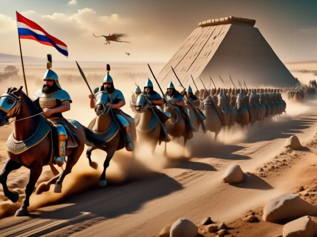 Un campo de batalla asirio antiguo, con soldados y máquinas de guerra, dominado por un rey guerrero implacable