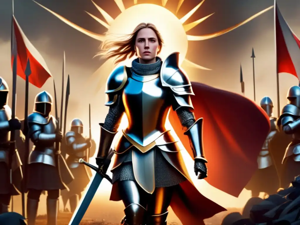 En el campo de batalla, Jeanne d'Arc lidera con determinación, rodeada de luz, armadura y un estandarte, en una escena moderna y vibrante