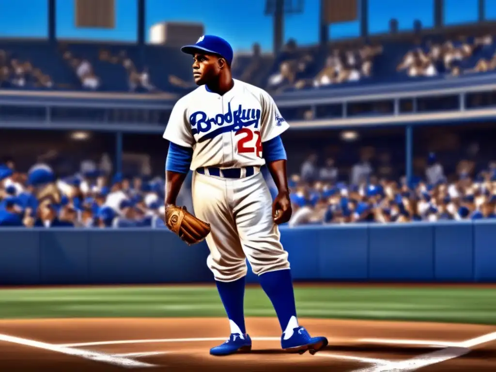 Jackie Robinson lucha béisbol en campo de los Dodgers, reflejando su fuerza y legado histórico