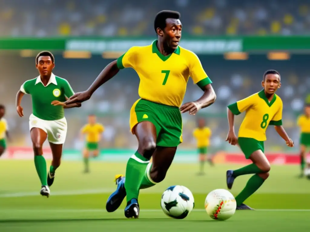 Pelé dribla hábilmente en el campo de fútbol, con su icónica camiseta amarilla y verde, dejando boquiabiertos a los oponentes