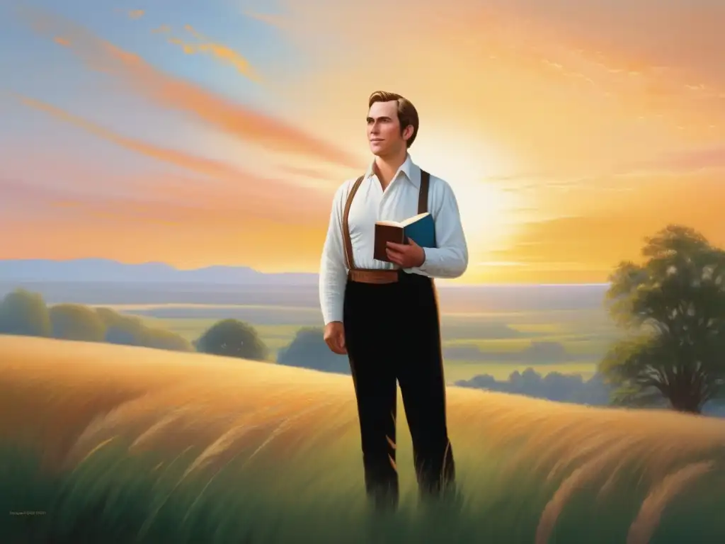 El Profeta Joseph Smith en un campo al amanecer, con el Libro de Mormón y una expresión serena