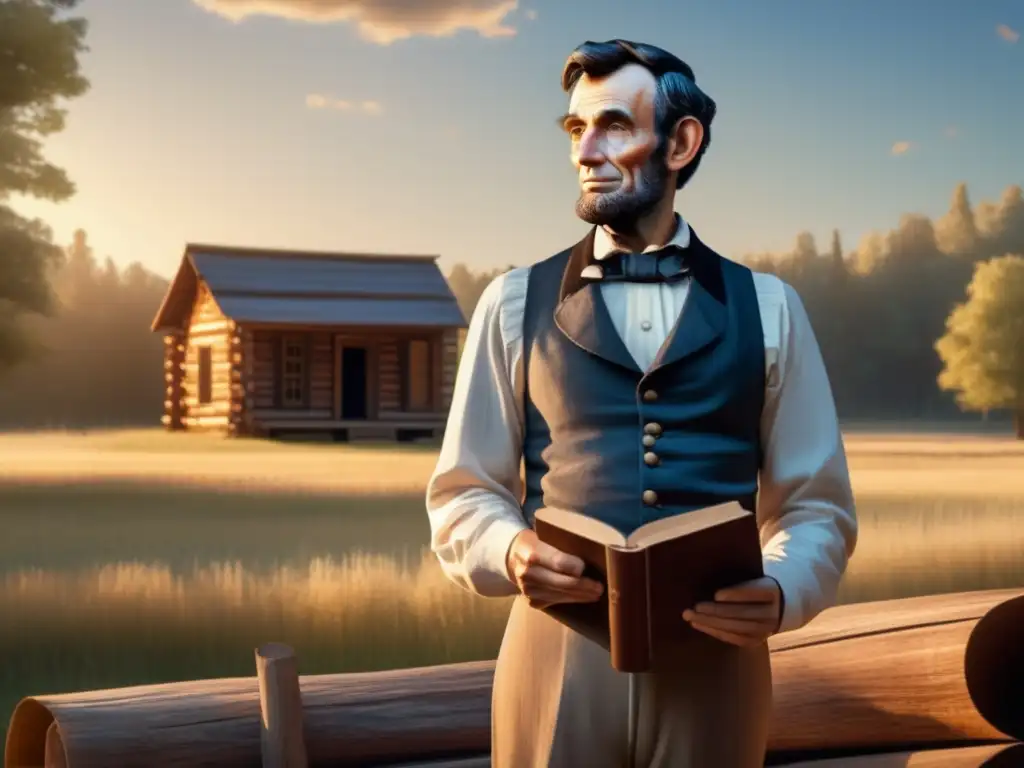 En un campo soleado, un joven Abraham Lincoln sostiene un libro, mirando pensativo hacia el horizonte, con una cabaña rústica detrás y árboles altos