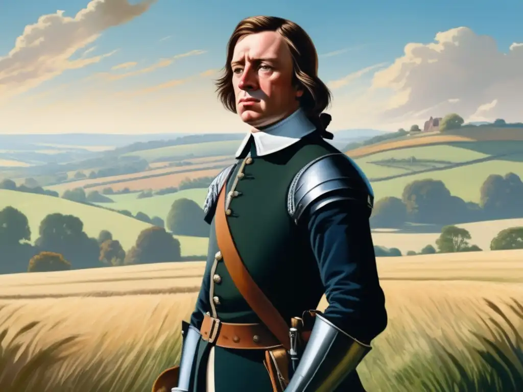 En un campo soleado, un joven Oliver Cromwell irradia determinación y propósito en su mirada, rodeado de colinas y cielos azules