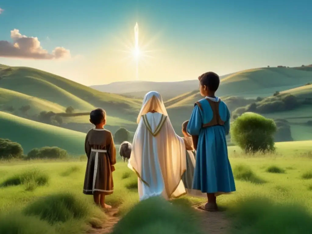 En un campo verde exuberante, tres niños pastores miran con asombro a la luminosa aparición de la Virgen María en Fátima, irradiando una belleza celestial