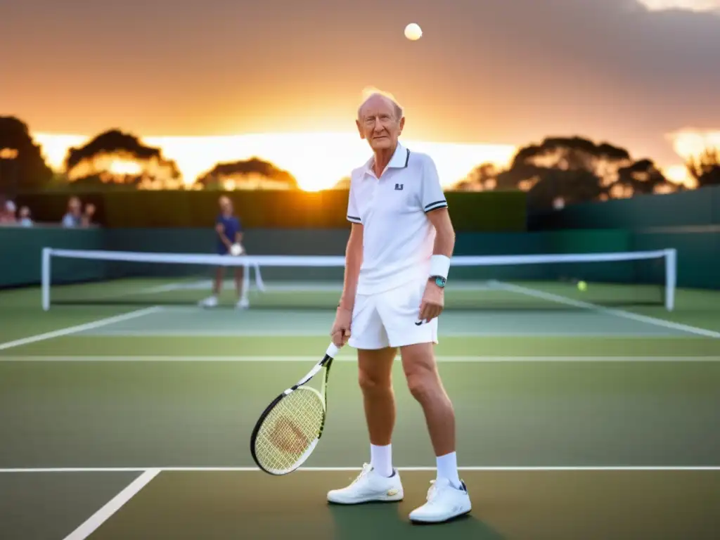 Rod Laver en la cancha de tenis al atardecer, transmitiendo su determinación y legado