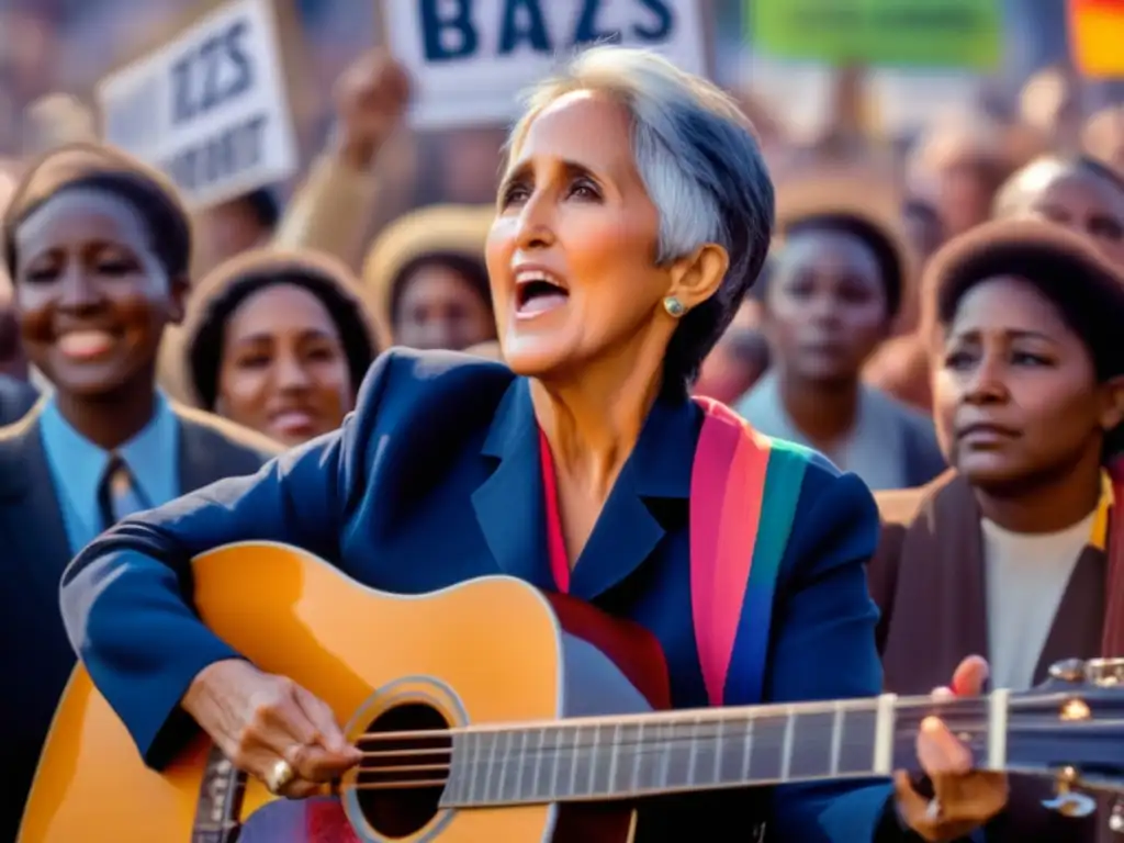 La cantante Joan Baez en un rally por los derechos civiles, con expresión apasionada y una multitud diversa sosteniendo pancartas