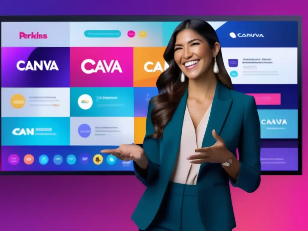 Melanie Perkins muestra Canva en pantalla, irradiando visión y confianza en un entorno moderno y vanguardista