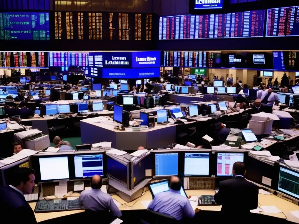 El caos en la sala de operaciones de Lehman Brothers durante la crisis financiera, reflejando la intensidad y presión del momento