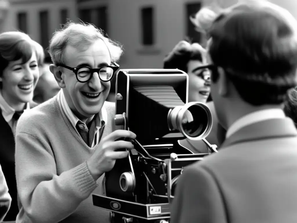 Woody Allen capturado en un momento de risas con actores en el set de una de sus icónicas películas