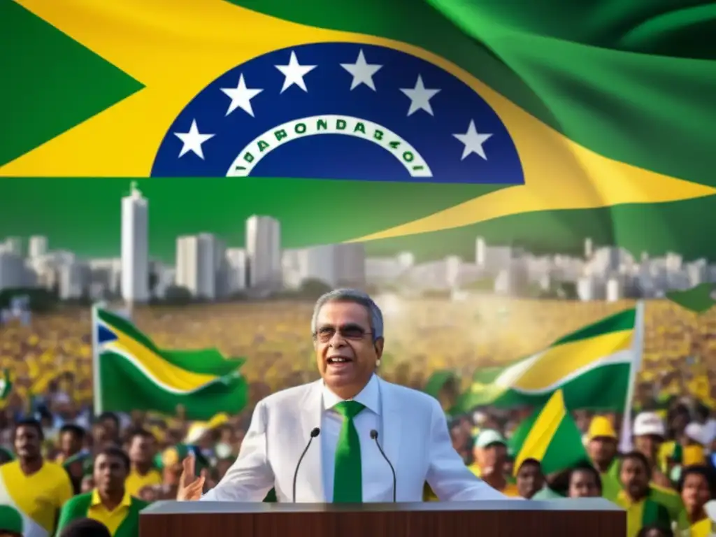 Fernando Henrique Cardoso dando un apasionado discurso en un mitin político con la bandera brasileña de fondo