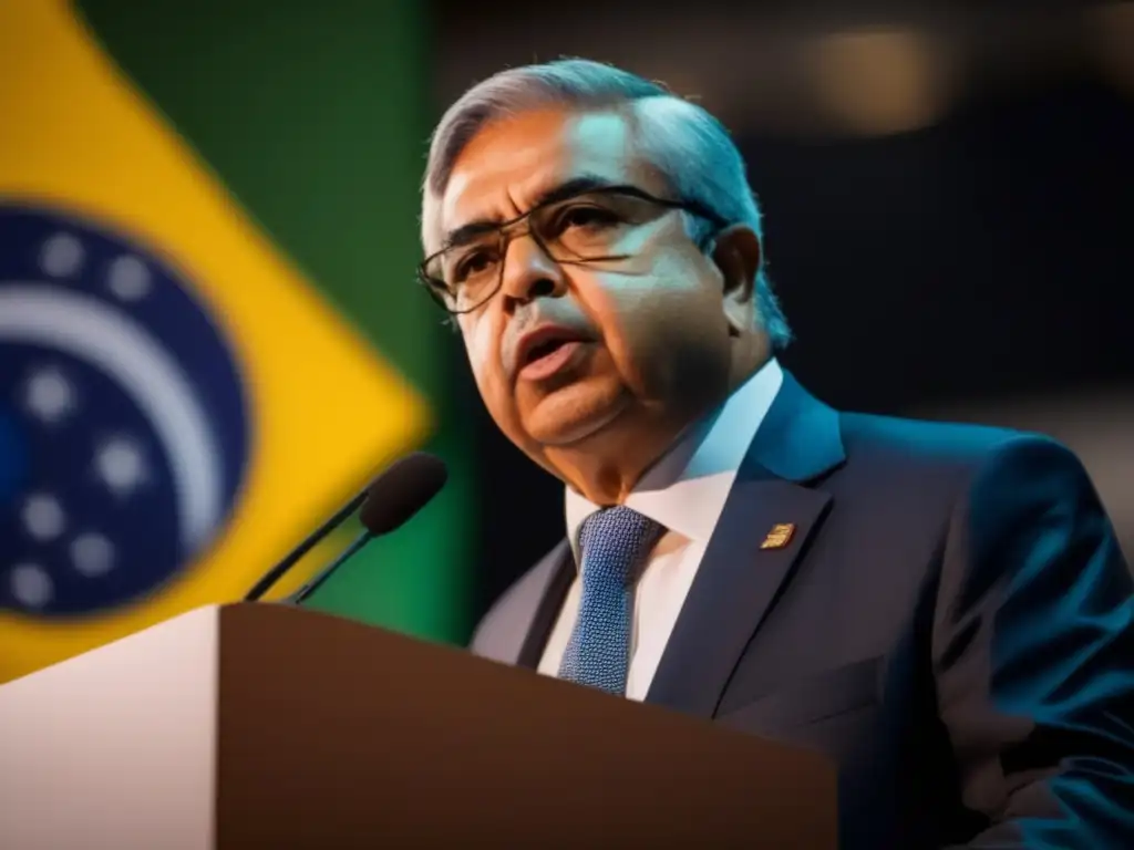 Fernando Henrique Cardoso da un discurso en un evento político, con la bandera de Brasil de fondo, mostrando determinación y liderazgo