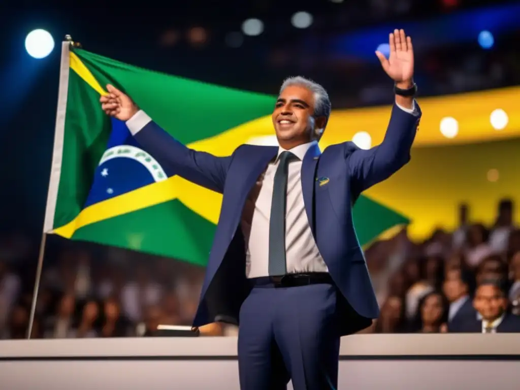 Fernando Henrique Cardoso recibe un prestigioso premio en el escenario, con la bandera brasileña de fondo y una multitud entusiasta aplaudiendo