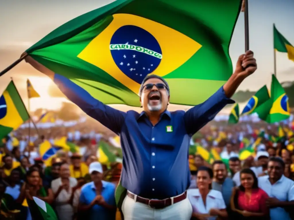 Fernando Henrique Cardoso lidera un vibrante mitin político, rodeado de banderas brasileñas y seguidores diversos