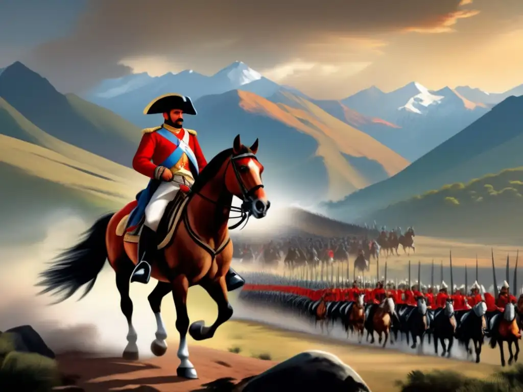 José de San Martín lidera una carga heroica a caballo en la lucha por la independencia, con los Andes de fondo