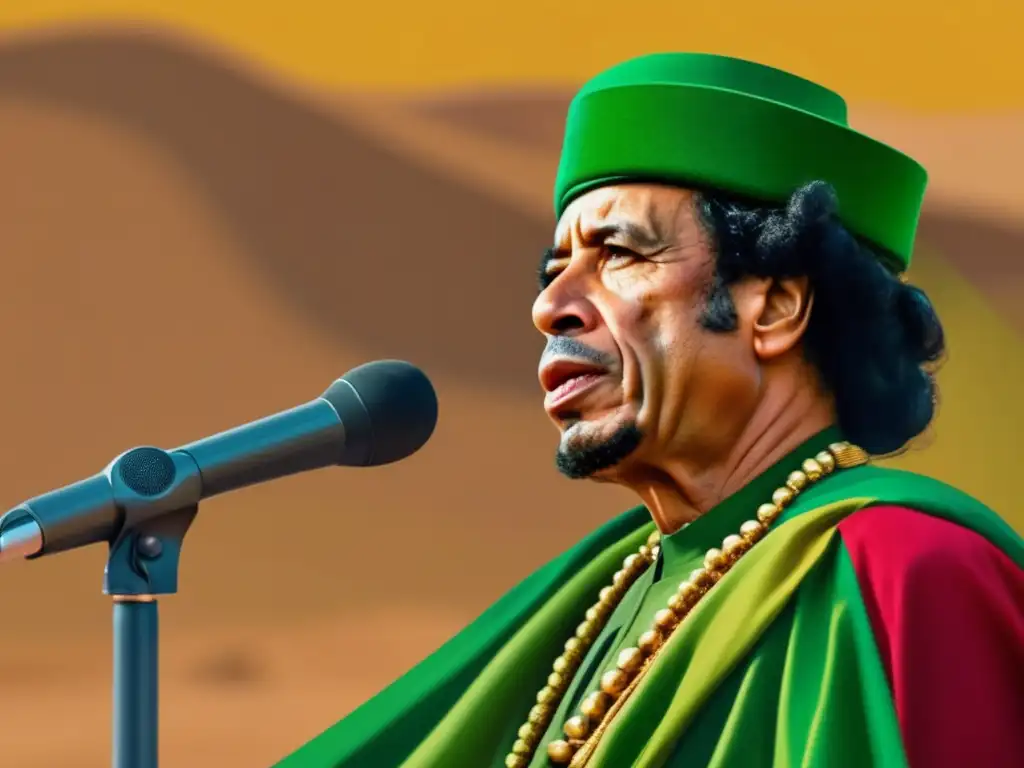 Muammar Gaddafi, líder carismático, entrega un apasionado discurso en el desierto libio