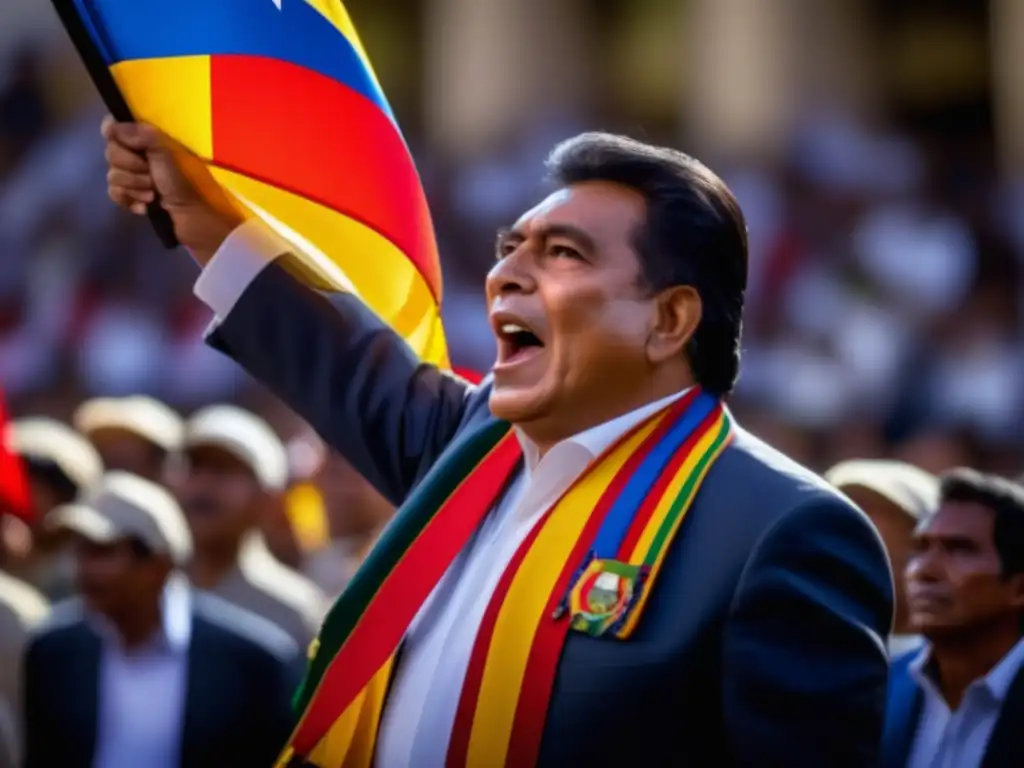 El carismático líder René Barrientos ofrece un apasionado discurso en un mitin político en Bolivia, con la bandera boliviana en alto