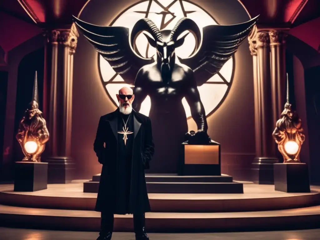 Misterio y poder: Anton LaVey junto al Baphomet Anton LaVey, líder carismático, posa con autoridad frente a la estatua de Baphomet, generando misterio y poder