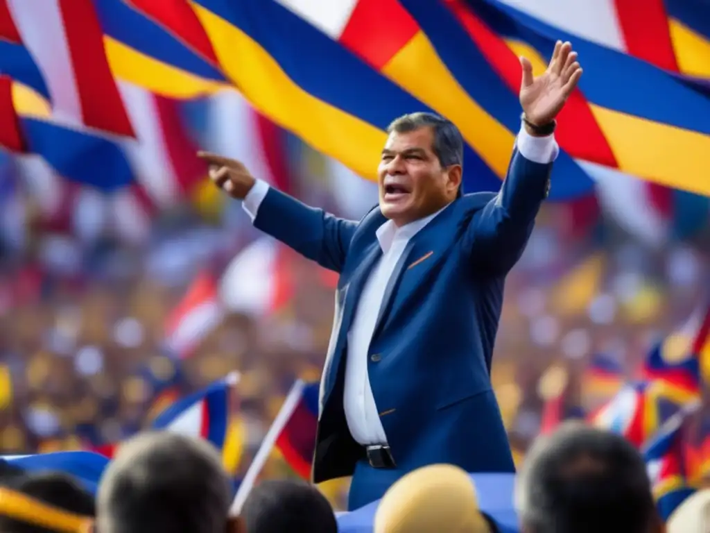 Rafael Correa, líder carismático, arenga a multitud en mitin político con banderas ecuatorianas ondeando