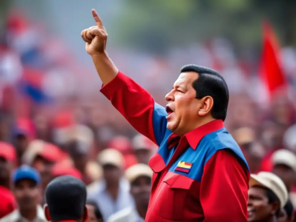 Un carismático Hugo Chávez liderando multitud en un vibrante mitin político en Venezuela