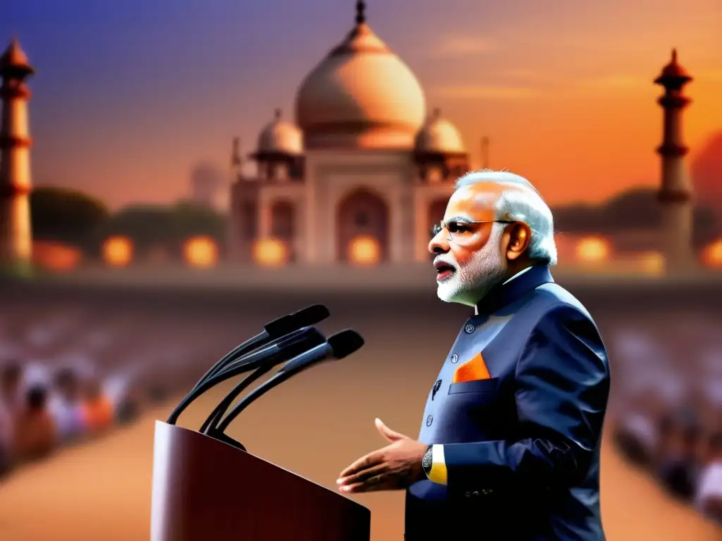 El carismático primer ministro de India, Narendra Modi, ofrece un poderoso discurso en un evento público, proyectando confianza y liderazgo visionario