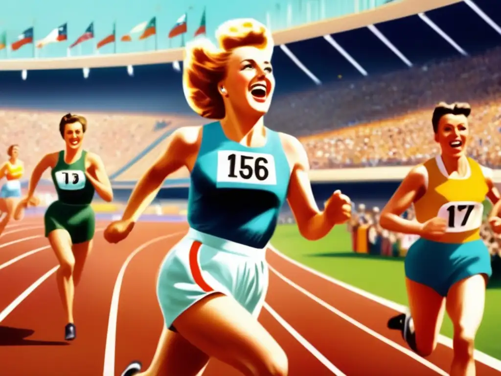 Betty Cuthbert triunfa en la carrera olímpica de 1956, rodeada de un vibrante público y atletas, irradiando emoción y logro