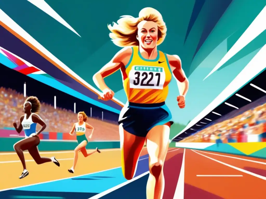 Betty Cuthbert triunfa en su carrera olímpica, con determinación en sus ojos, en una pintura digital moderna de alta resolución