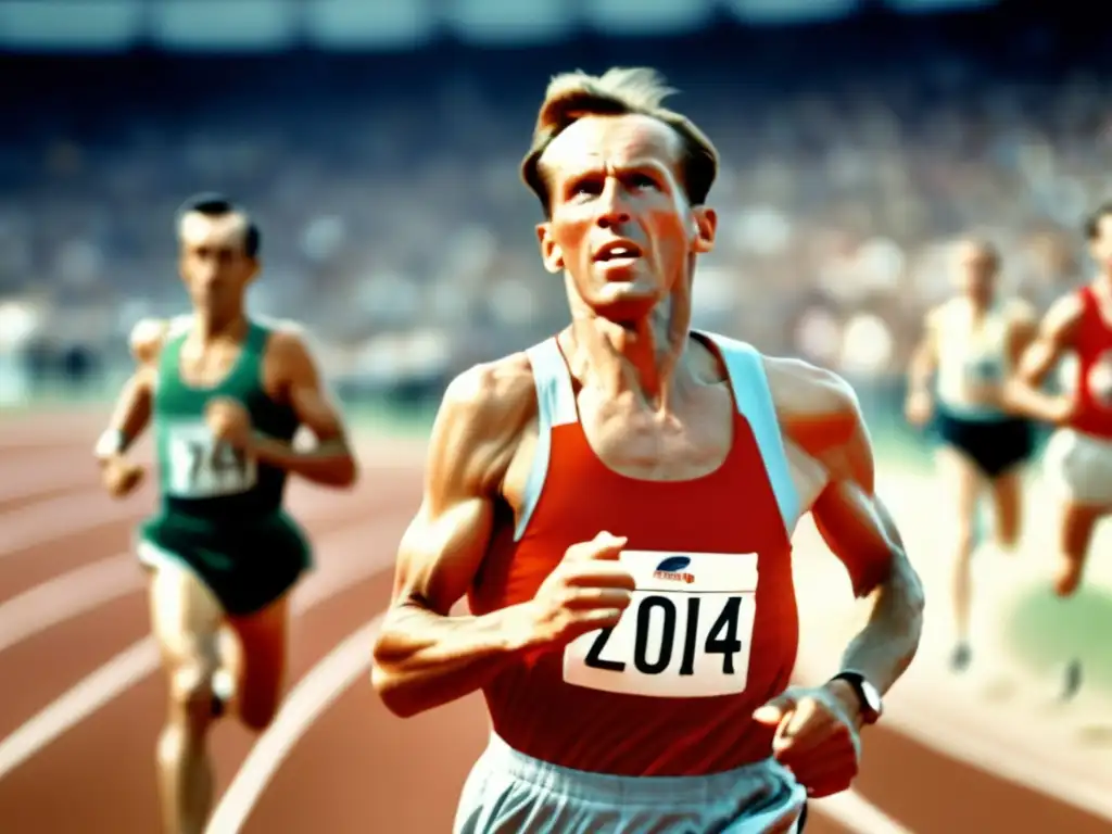 Emil Zátopek en carrera, rostro en determinación, músculos tensos, público borroso