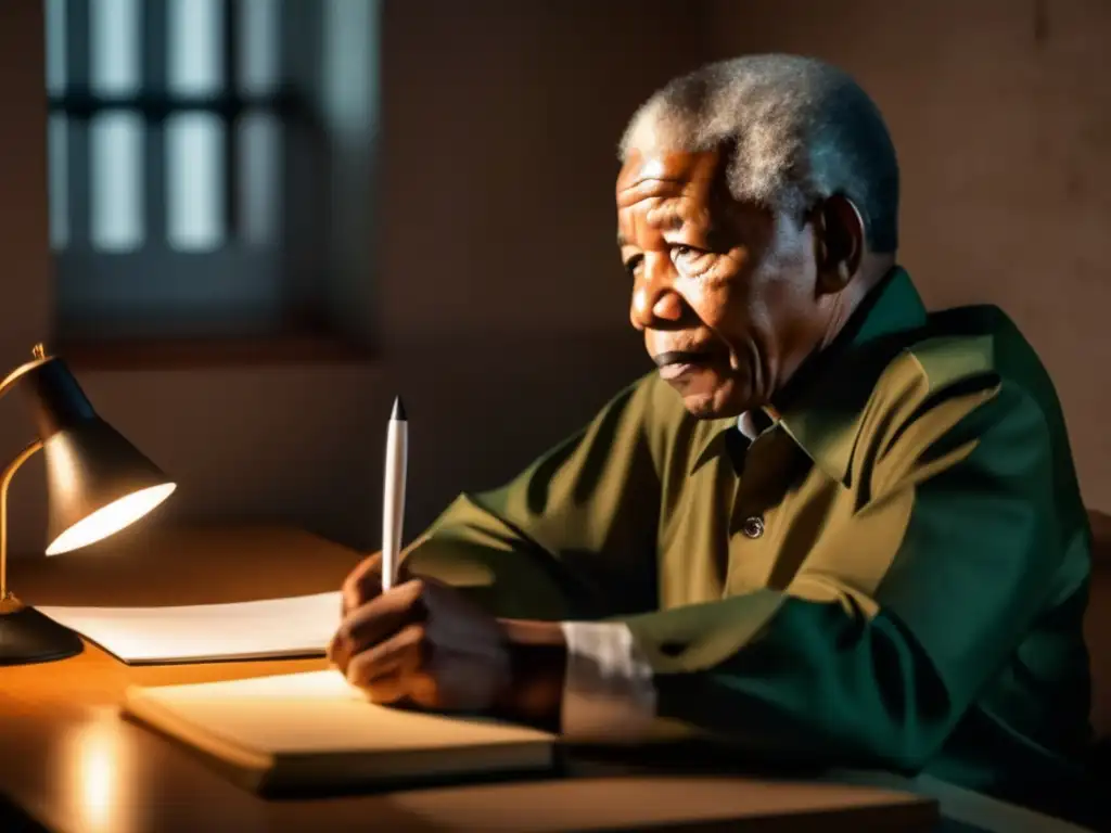 Nelson Mandela redactando cartas en su celda, mostrando determinación