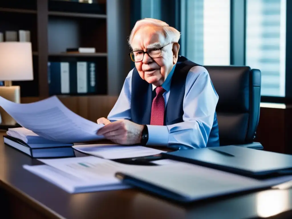 Warren Buffett revisando carteras de inversión en su despacho, con expresión concentrada y segura