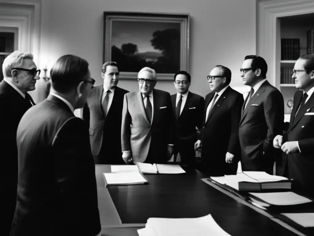En la Casa Blanca, Henry Kissinger lidera su equipo diplomático en una intensa discusión sobre estrategia para la Guerra de Vietnam