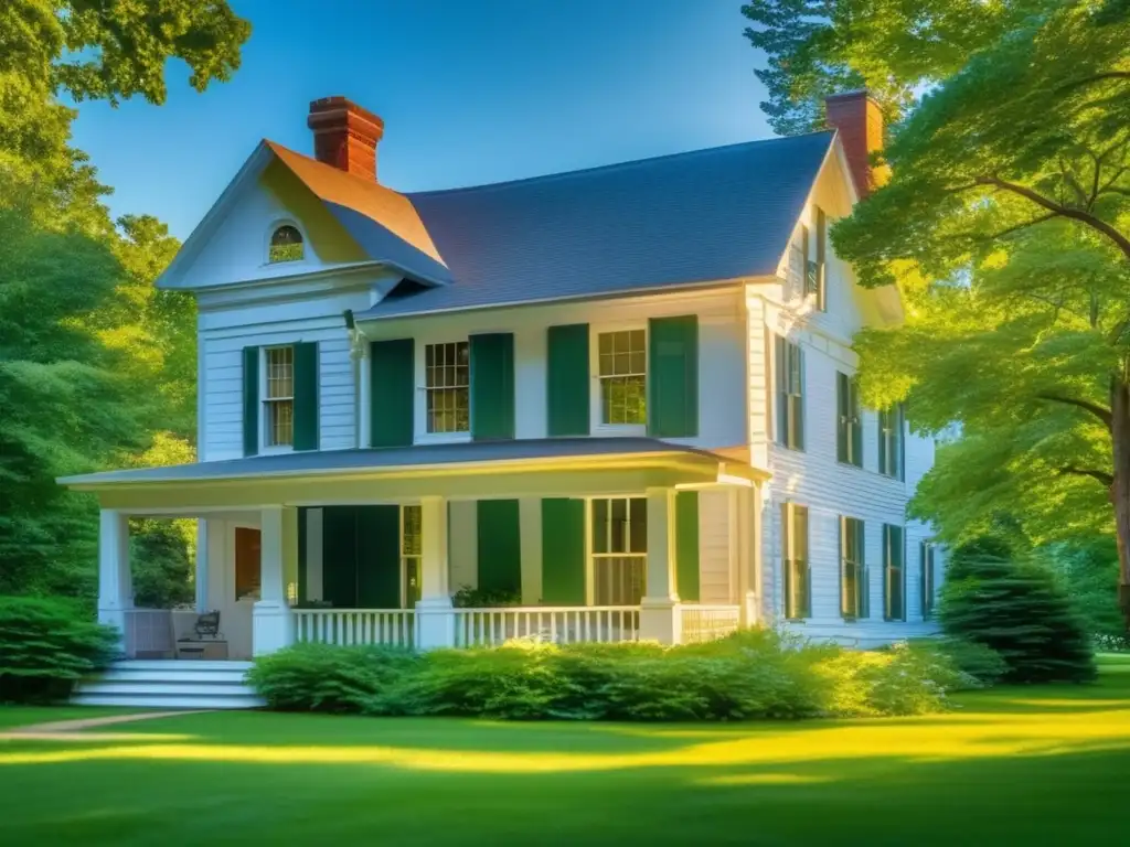 La casa de la infancia de Mary Baker Eddy, rodeada de árboles verdes bajo un cielo azul, emana serenidad y simplicidad