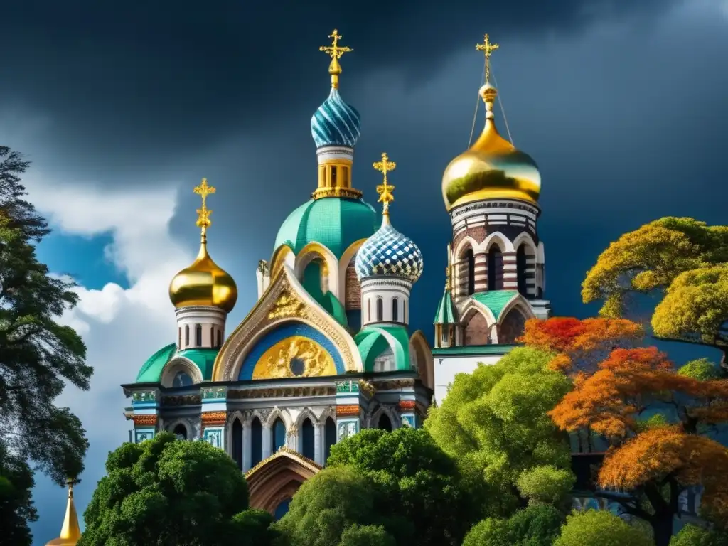 Una catedral majestuosa con cúpulas doradas se yergue entre nubes tormentosas, reflejando la influencia de la Iglesia en Rusia Imperial