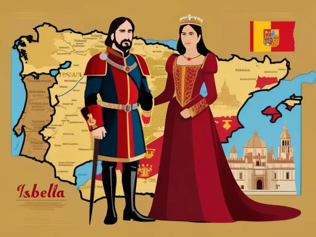 Reyes Católicos: Un legado de unidad y poder en España Isabella I y Fernando II, Reyes Católicos, unen y conquistan España, simbolizando fuerza y legado histórico