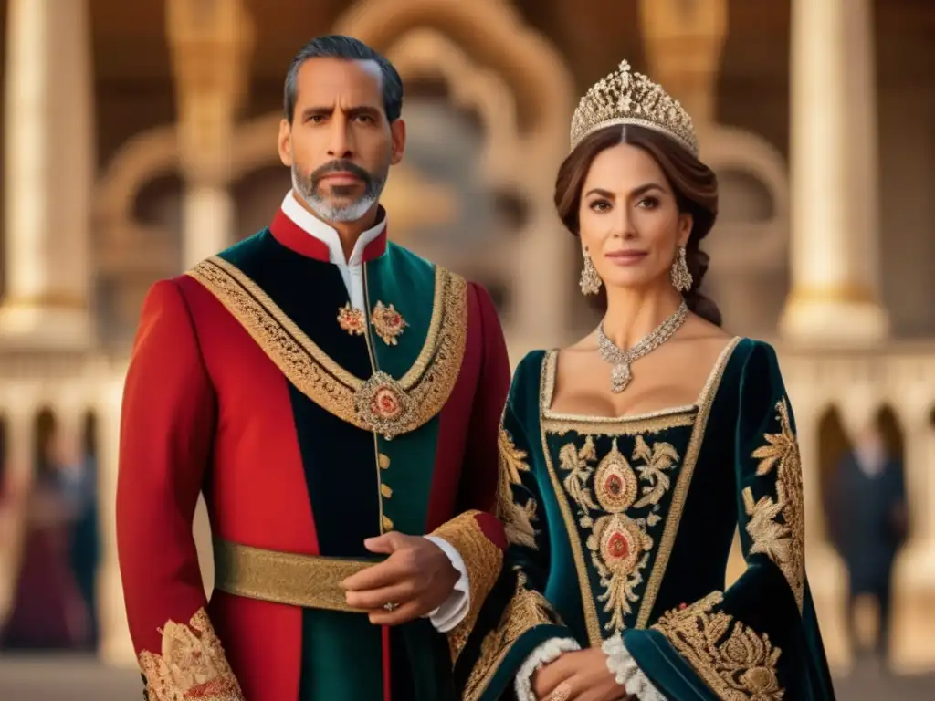 Arte detallado de los Reyes Católicos en palacio- Fernando e Isabel, Reyes Católicos, lucen majestuosos frente a un palacio español