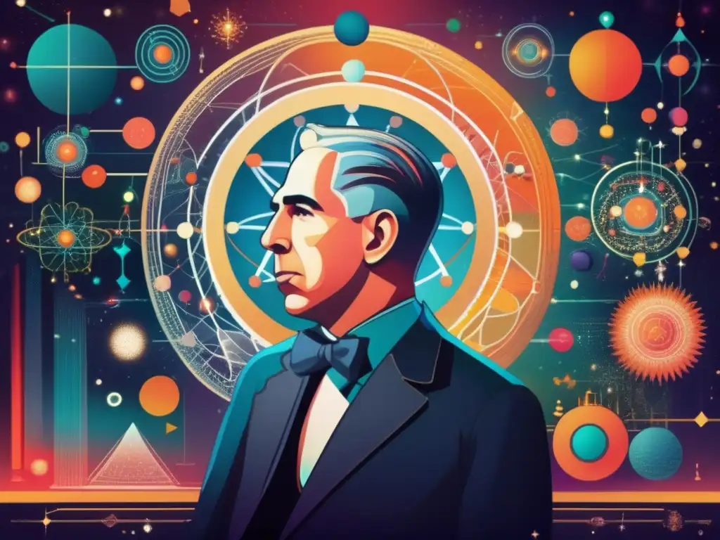 Un cautivador retrato digital de Niels Bohr inmerso en pensamientos profundos, rodeado de estructuras atómicas y simbolismo místico, fusionando la ciencia y lo espiritual en una obra de arte moderna