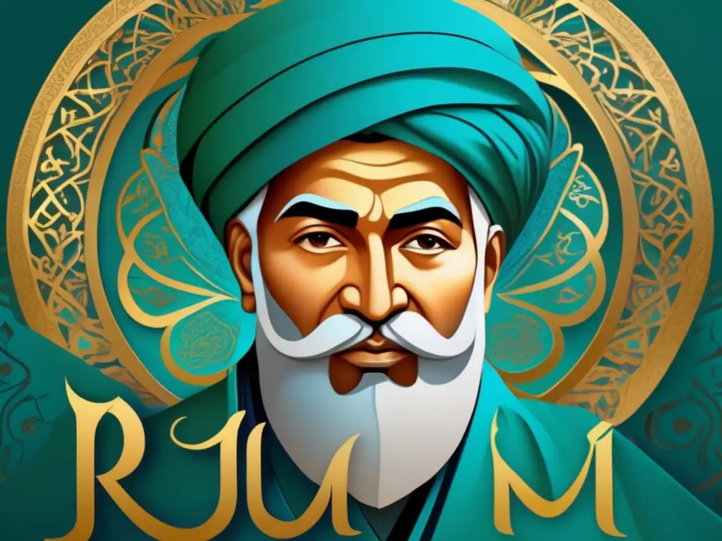 Un cautivador retrato digital del poeta sufí Rumi, rodeado de intrincada caligrafía con versos de su poesía