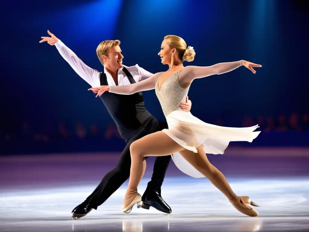 Una cautivadora imagen de Jayne Torvill y Christopher Dean deslizándose graciosamente sobre el hielo, destacando la elegancia de su actuación