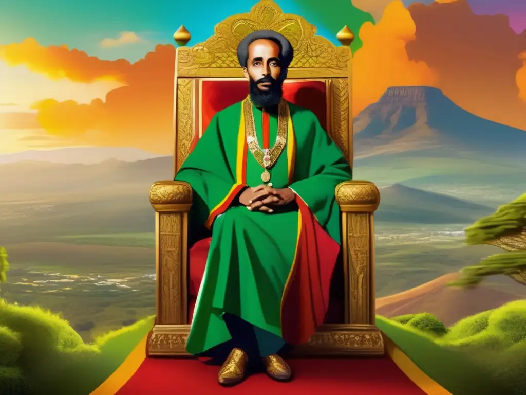 Haile Selassie: Rey de Etiopía en majestuoso retrato digital Cautivadora pintura digital de Haile Selassie en un trono real, resaltando su atuendo y el paisaje etíope