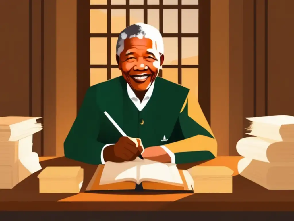 En la ilustración, Nelson Mandela escribe en su celda, rodeado de cartas y documentos