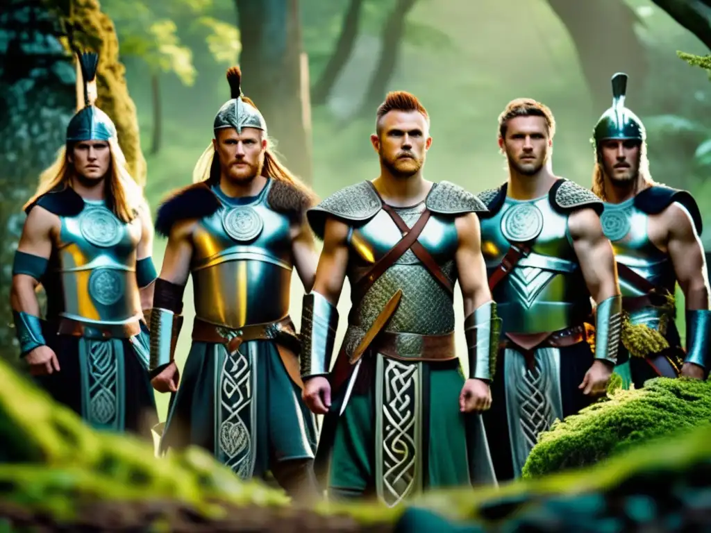 Los Celtas guerreros y druidas Europa: Imagen de guerreros celtas en armaduras intrincadas, en un bosque neblinoso con ruinas antiguas al fondo