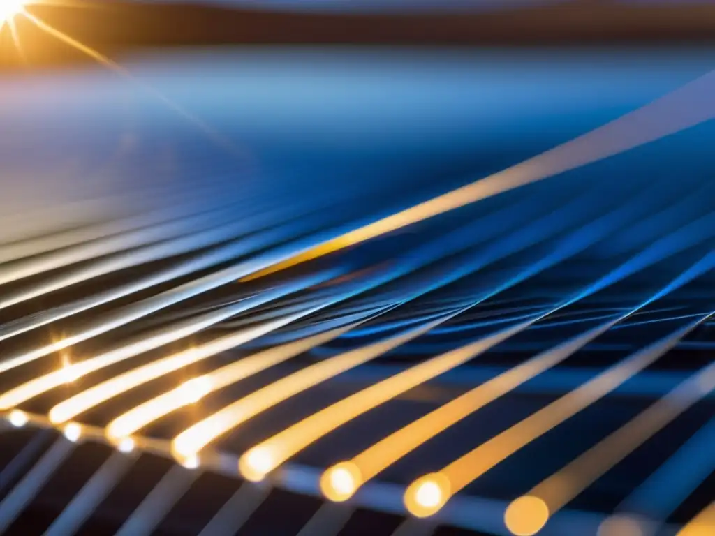 Una célula fotovoltaica revolucionaria, con patrón intrincado y brillo iridiscente, que captura la innovación de Fritts en tecnología solar