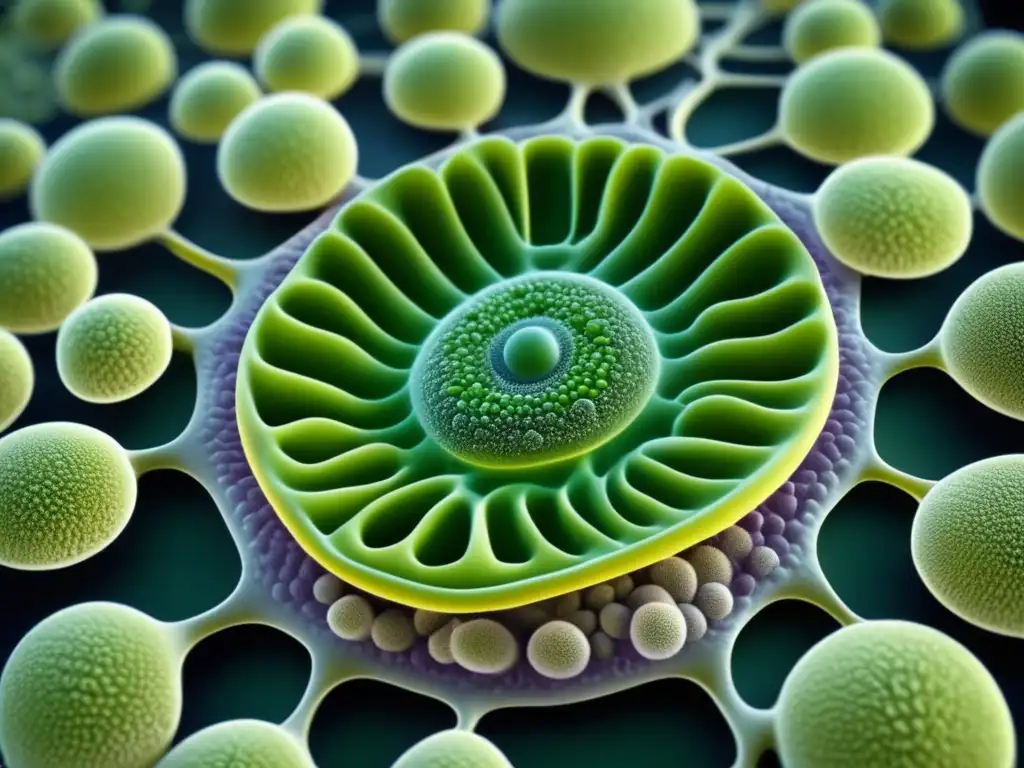Una célula eucariota bajo microscopio, destaca membranas, mitocondrias y cloroplastos, ilustrando la teoría endosimbiótica de Lynn Margulis