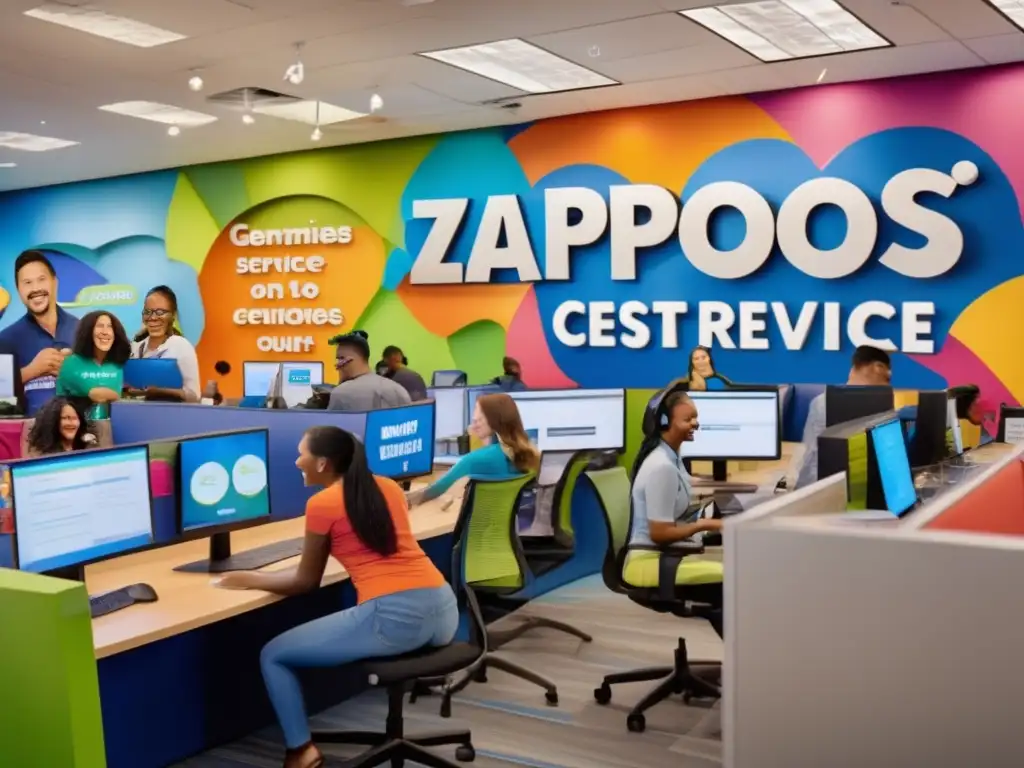 Un centro de atención al cliente bullicioso de Zappos, con empleados sonrientes usando auriculares, rodeado de citas motivacionales