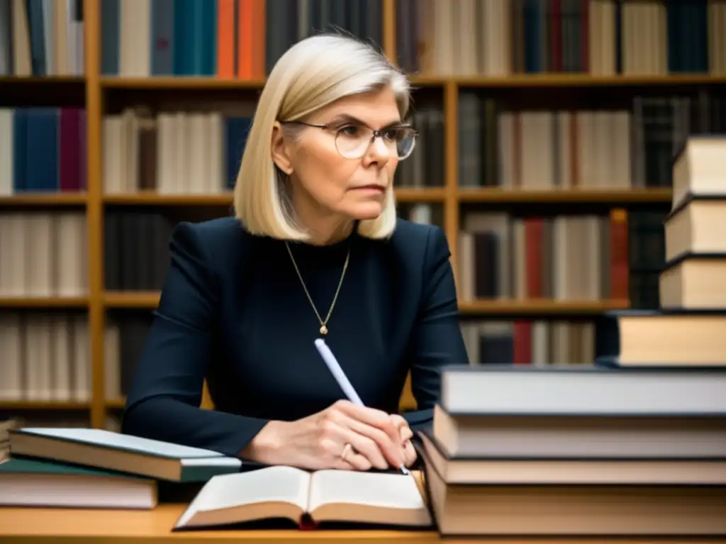 Chantal Mouffe reflexiona en su escritorio moderno rodeada de libros filosóficos, en alta resolución