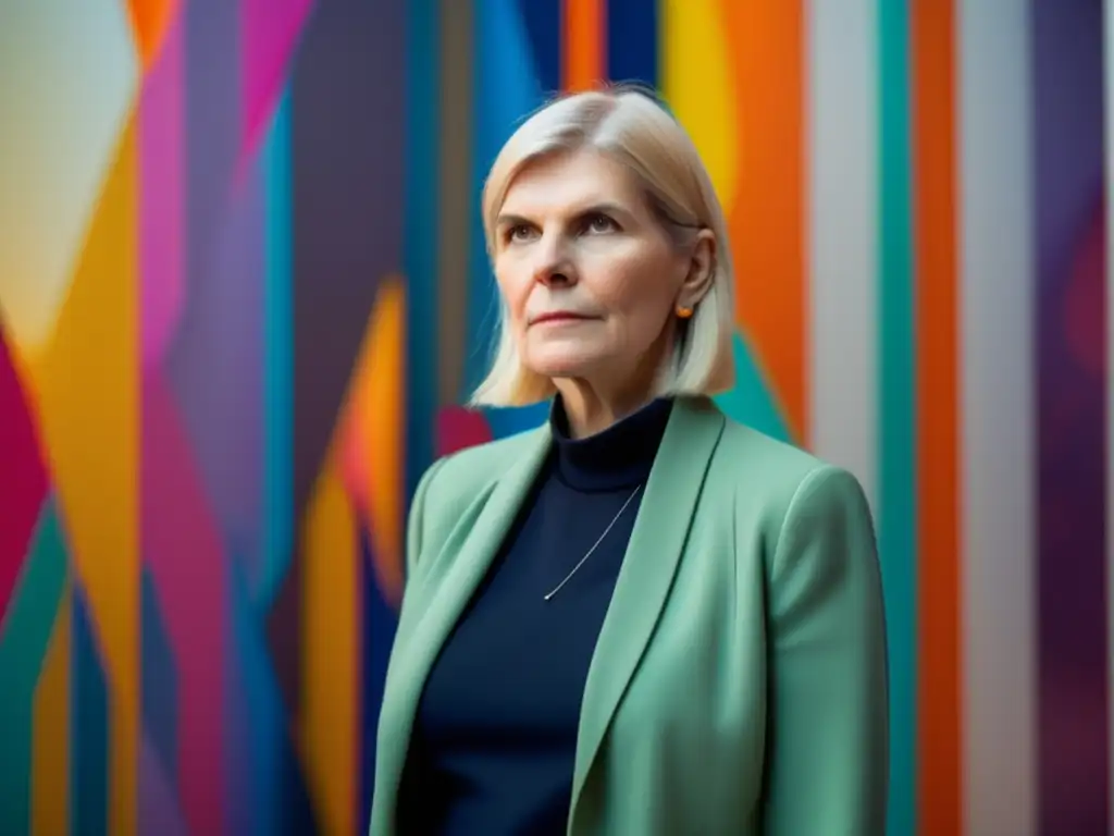 Chantal Mouffe frente a una instalación de arte contemporáneo, con colores vibrantes y formas abstractas