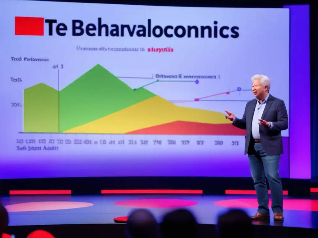 Richard Thaler en una charla TED sobre economía conductual, con gráficos coloridos detrás