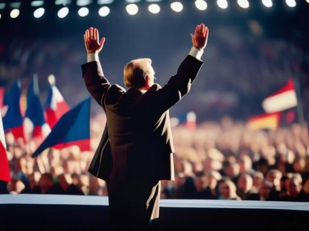 Vaclav Havel, líder checoslovaco, de pie en un escenario, emocionado y determinado, rodeado de una multitud y banderas ondeando