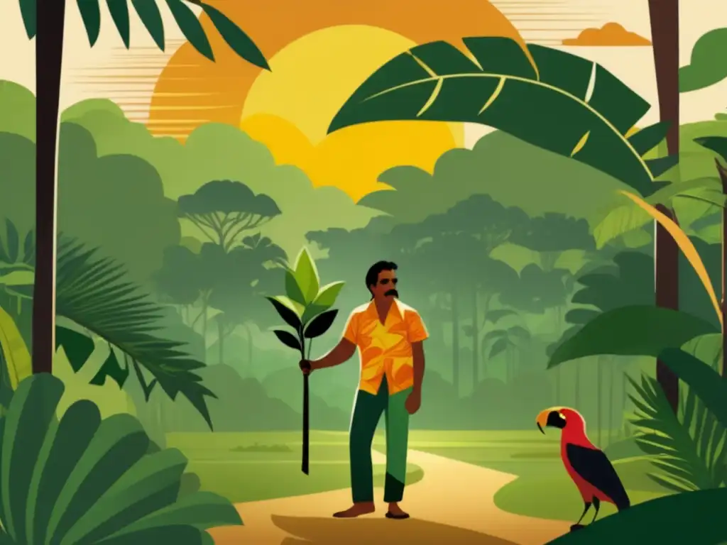 Chico Mendes en la selva del Amazonas, sosteniendo una plántula con pasión, rodeado de exuberante vegetación y vida silvestre
