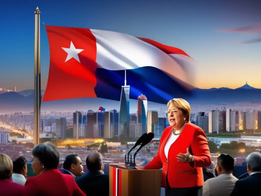 Michelle Bachelet política chilena biografía: una imagen de su poderoso discurso ante un diverso público, con la bandera chilena de fondo y el skyline de una ciudad moderna